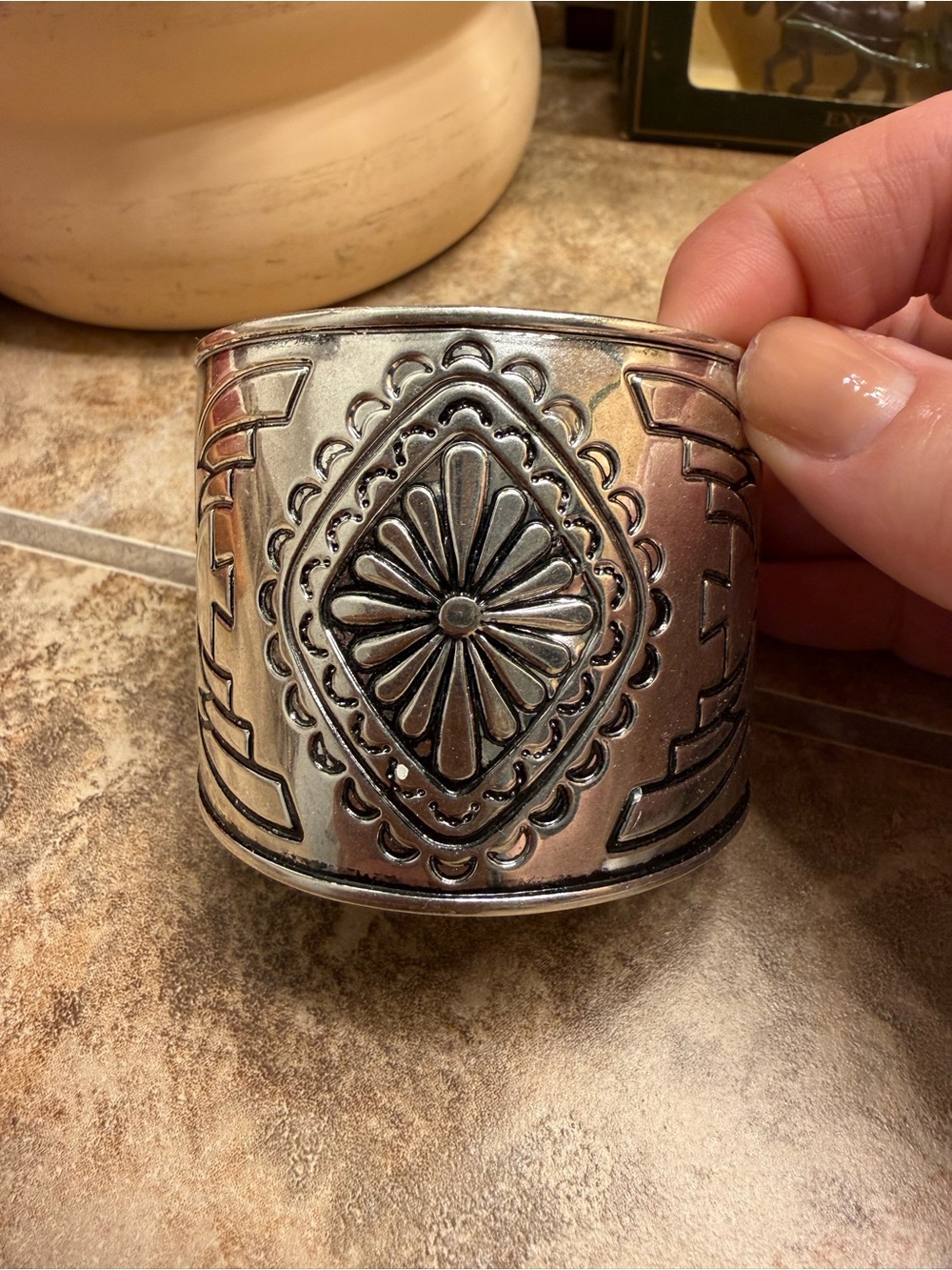 Silver-Tone Wide Floral Etched Cuff Bracelet